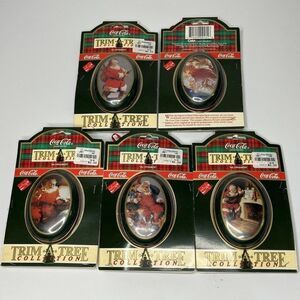 Coca Cola Trim A Tree 1991 Santa Tin Ornaments 5 pc Lot Circa 43 49 51 60 63